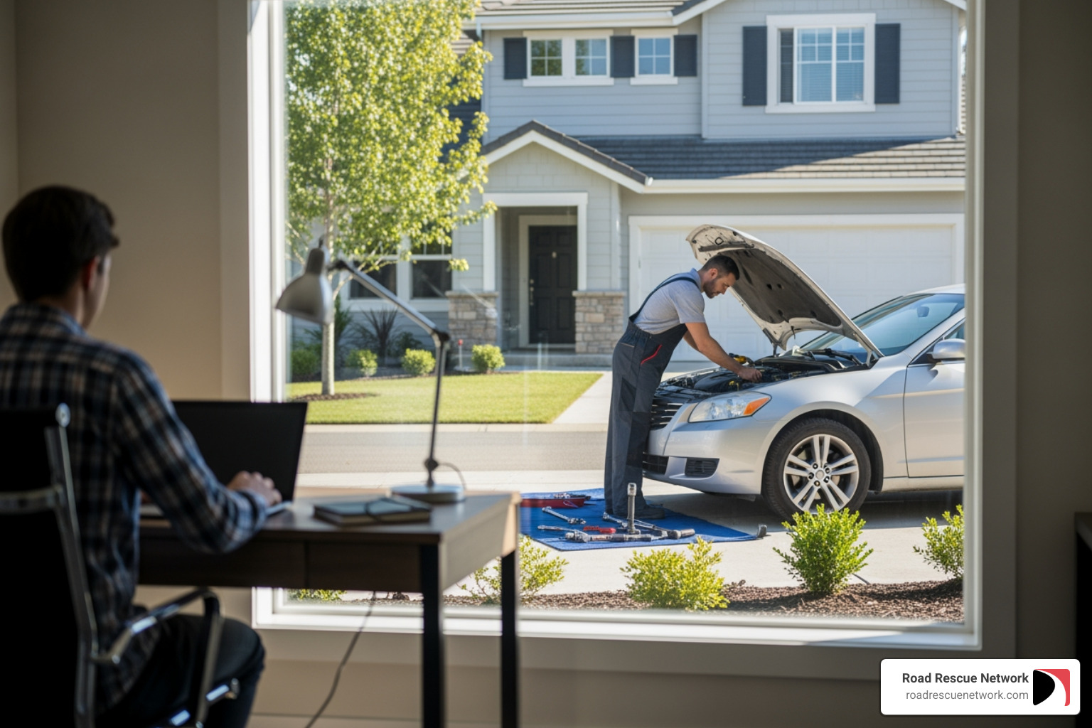 customer working on laptop at home while car is serviced outside - mobile brake repair customer working on laptop at home while car is serviced outside - mobile brake repair