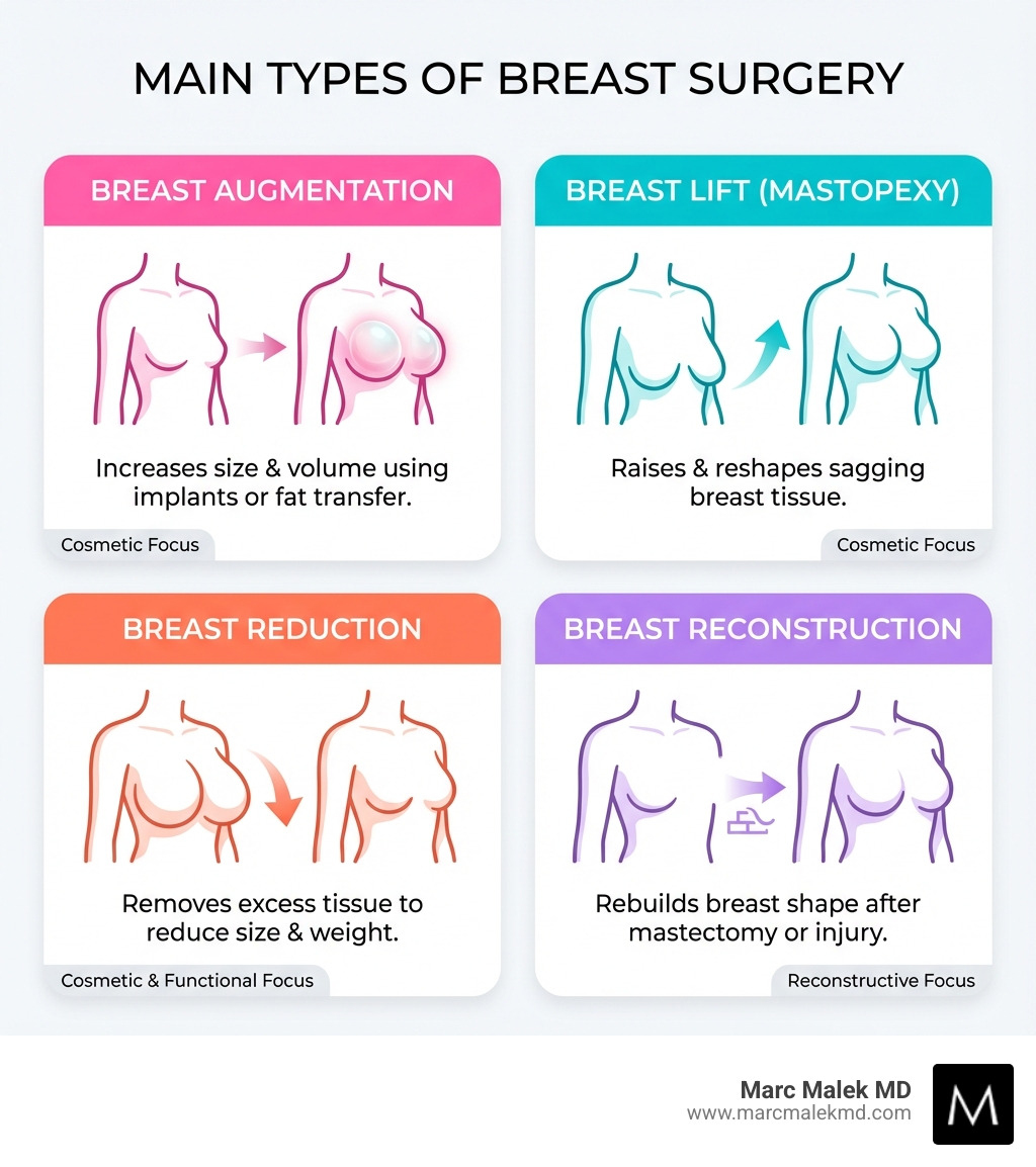 infographic explaining the main types of breast surgery: Augmentation, Lift, Reduction, and Reconstruction - plastic surgery of the breast infographic infographic explaining the main types of breast surgery: Augmentation, Lift, Reduction, and Reconstruction - plastic surgery of the breast infographic