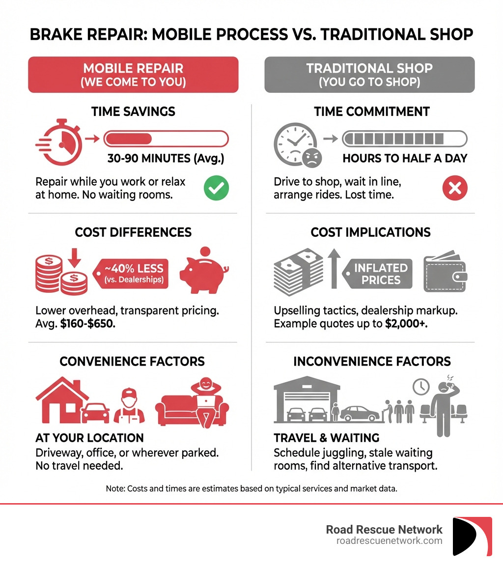 infographic comparing mobile brake repair process versus traditional shop process, showing time savings, cost differences, and convenience factors - mobile brake repair infographic infographic comparing mobile brake repair process versus traditional shop process, showing time savings, cost differences, and convenience factors - mobile brake repair infographic