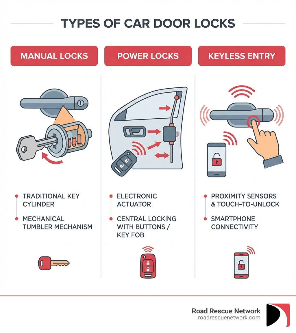 Infographic showing three types of car door locks: Manual locks with a traditional key cylinder and tumbler mechanism, Power locks with an electronic actuator and central locking system controlled by buttons or key fob, and Keyless entry systems with proximity sensors and smartphone connectivity allowing touch-to-unlock functionality - car door lock infographic 