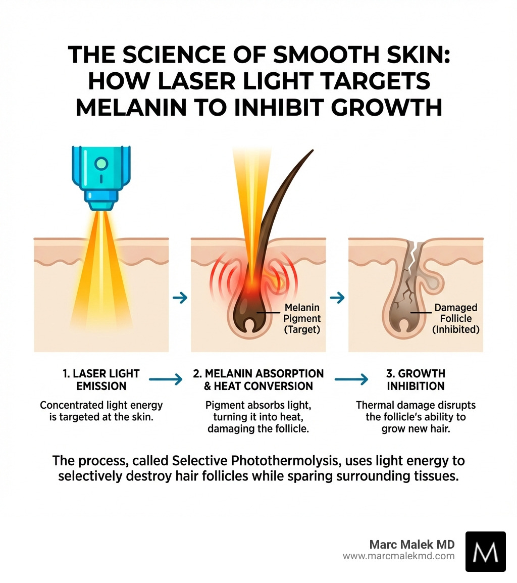 Infographic explaining how laser light targets the hair follicle's melanin to inhibit growth - effective laser hair removal infographic Infographic explaining how laser light targets the hair follicle's melanin to inhibit growth - effective laser hair removal infographic