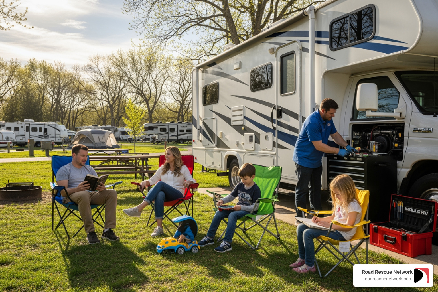 family relaxing outside their RV while it's being repaired - mobile RV service