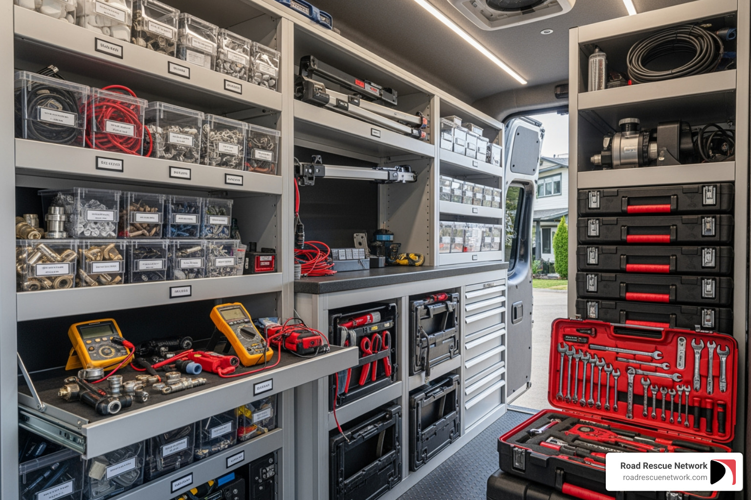technician's well-organized service van with tools and parts - mobile RV service