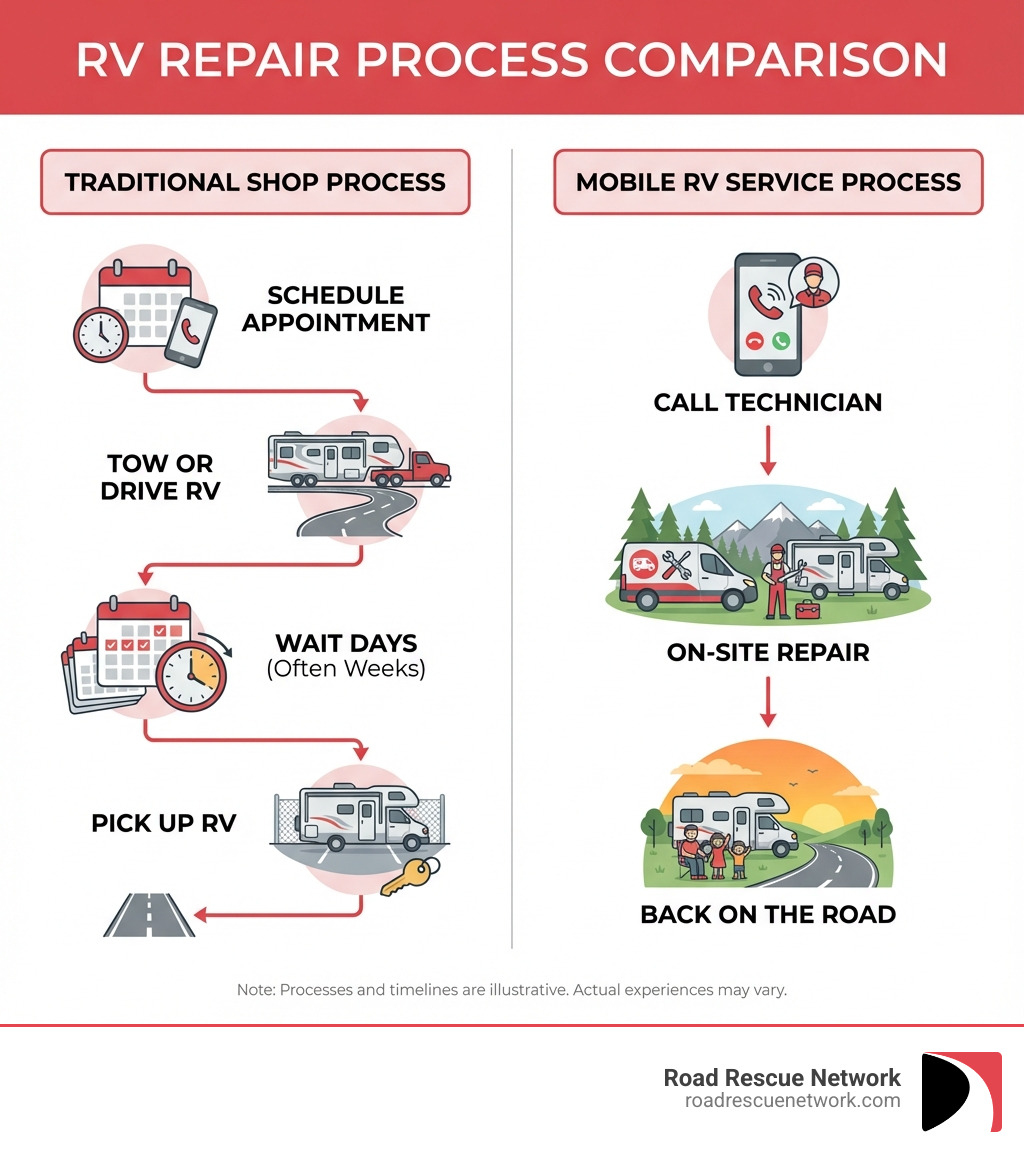 Infographic comparing mobile RV service process (call technician, on-site repair, back on the road) versus traditional shop process (schedule appointment, tow or drive RV, wait days, pick up RV) - mobile RV service infographic 