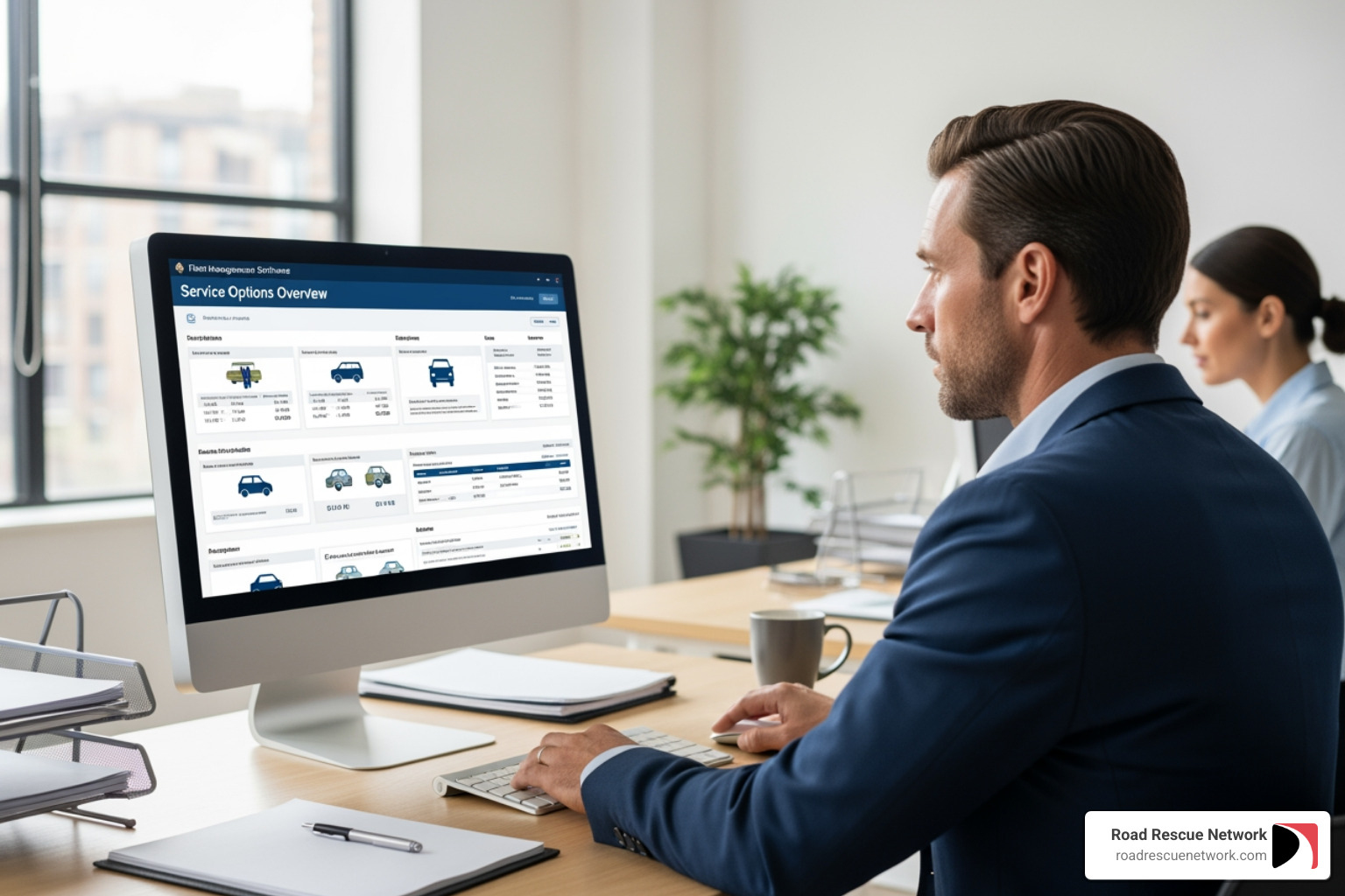 Fleet manager reviewing service options - 18 wheeler roadside assistance