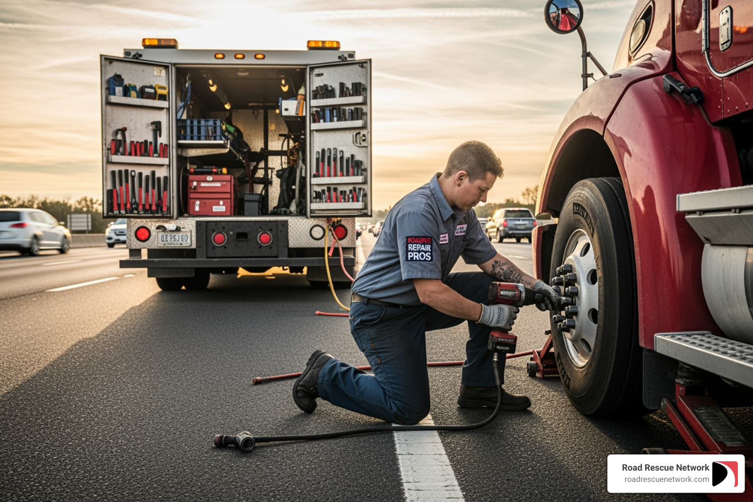 mobile mechanic working on semi-truck tire - 18 wheeler roadside assistance