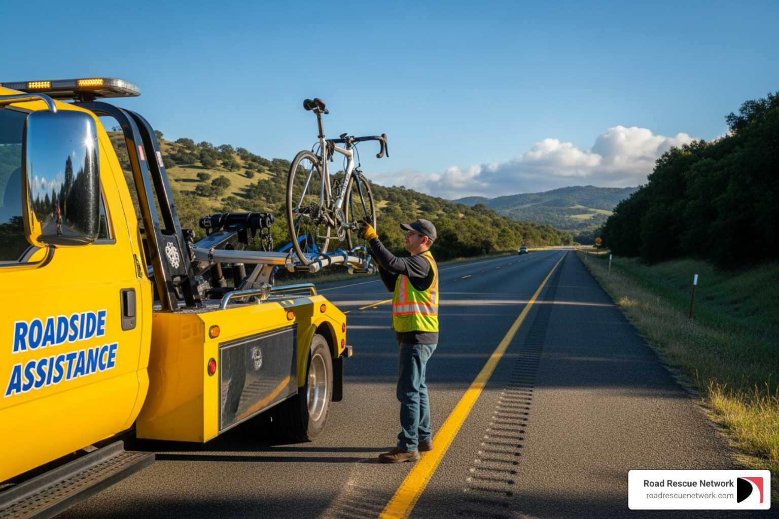 tow truck with a bike rack, showing a bike being loaded - bike road side assistance