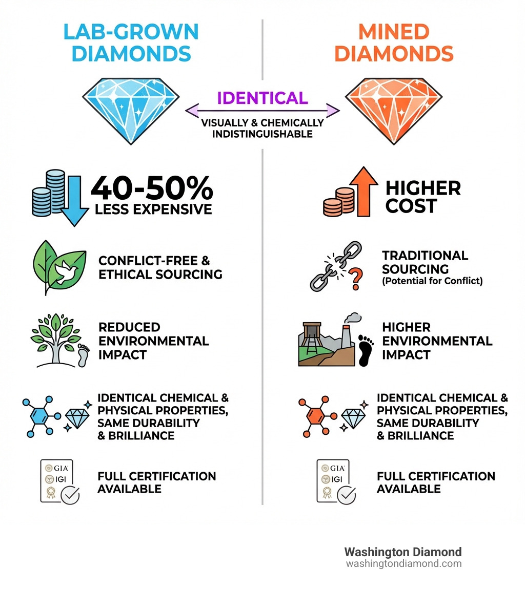 infographic comparing lab-grown versus mined diamonds showing cost savings of 40-50 percent, conflict-free ethical sourcing, reduced environmental impact, identical chemical and physical properties, same durability and brilliance, and full certification available - Lab Grown Diamond Engagement Rings infographic 