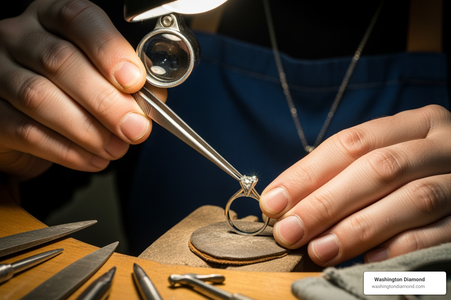 A jeweler's hands carefully setting a sparkling diamond into a ring band - Bespoke jewelry Washington DC