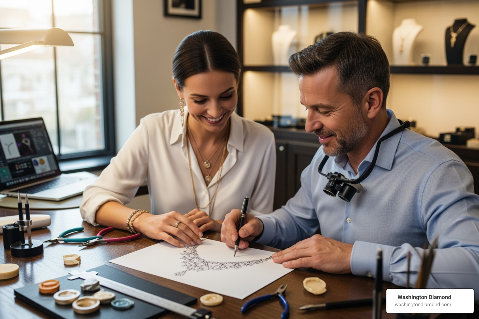A client and jeweler smiling and collaborating over a jewelry design sketch on a table - Bespoke jewelry Washington DC