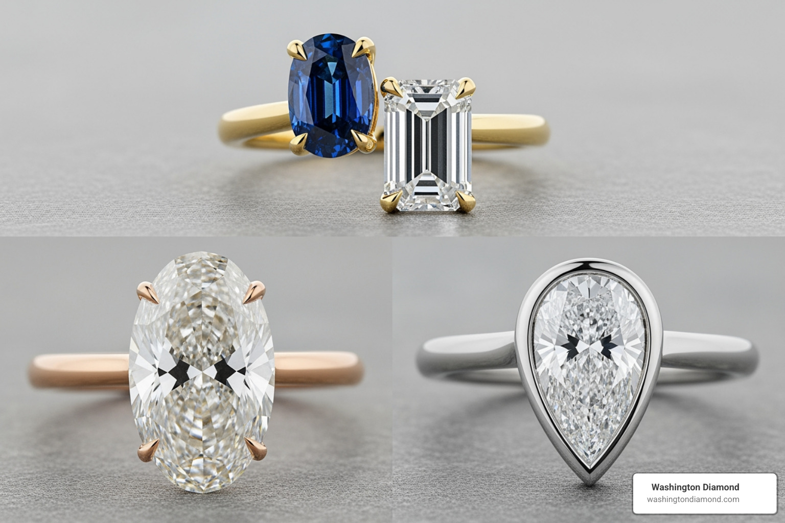 collage featuring different trendy ring styles like oval, pear, and toi et moi - Lab Grown Engagement Rings DC & Northern VA