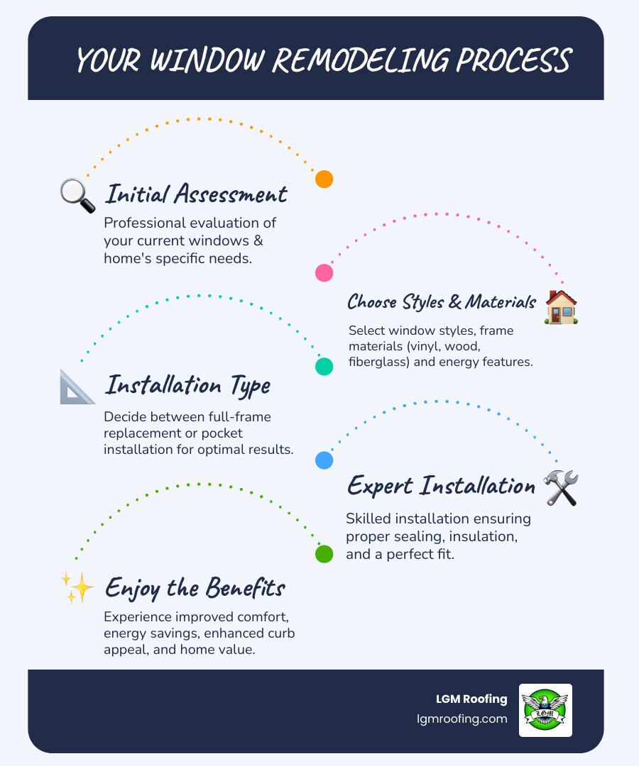 infographic showing the complete window remodeling process from assessment through installation, including steps for choosing styles, selecting materials, understanding full-frame versus pocket installation, and the benefits of professional installation with proper sealing and insulation - window remodeling bloomfield nj infographic infographic-line-5-steps-blues-accent_colors Infographic outlining the window remodeling process by LGM Roofing, featuring steps like initial assessment, choosing styles and materials, installation type, expert installation, and enjoying the benefits, emphasizing energy efficiency and home value.