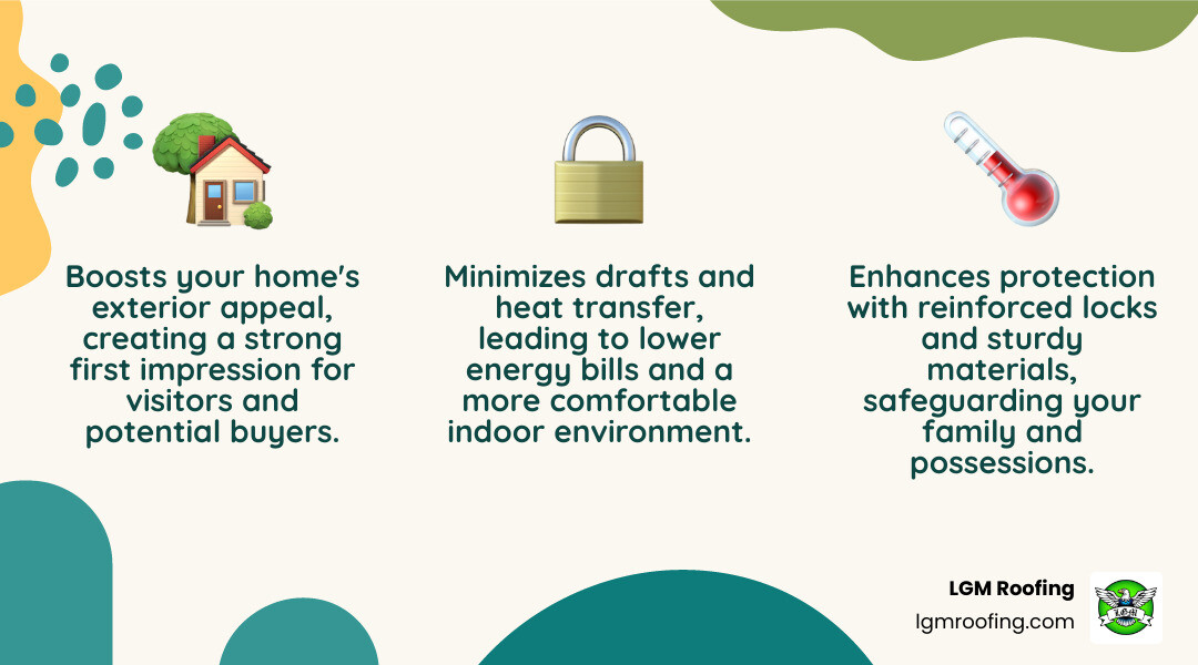 Infographic showing three main benefits of new entry door installation: Improved Curb Appeal with icon of attractive home entrance, Improved Security with icon of reinforced lock system, and Increased Energy Efficiency with icon of sealed door preventing air leaks - door installation in montclair, nj infographic 3_facts_emoji_nature Infographic showing three main benefits of new entry door installation: Improved Curb Appeal with icon of attractive home entrance, Improved Security with icon of reinforced lock system, and Increased Energy Efficiency with icon of sealed door preventing air leaks - door installation in montclair, nj infographic 3_facts_emoji_nature