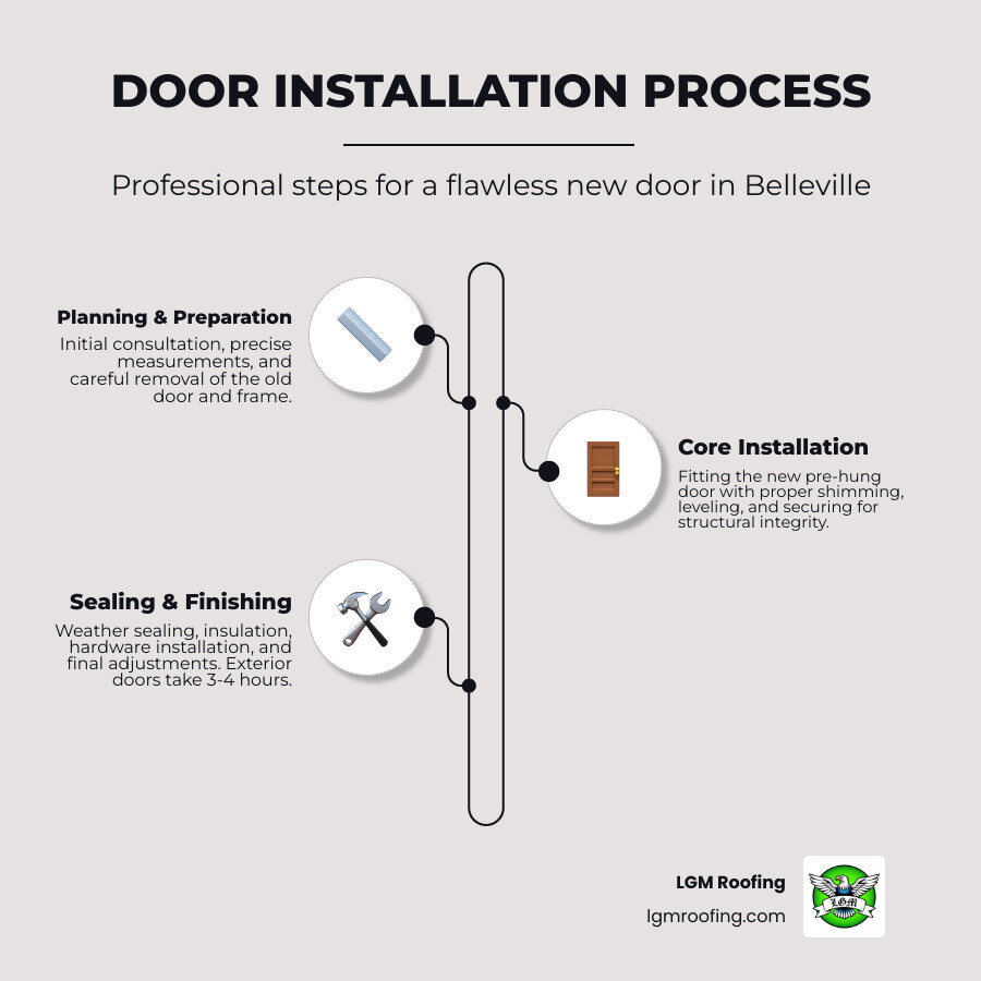 infographic showing the door installation process: initial consultation and measurement, removal of old door and frame, installation of new pre-hung door with proper shimming and leveling, weather sealing and insulation, hardware installation and final adjustments, timeline of 3-4 hours for exterior doors - door installation in belleville, nj infographic infographic-line-3-steps-elegant_beige infographic showing the door installation process: initial consultation and measurement, removal of old door and frame, installation of new pre-hung door with proper shimming and leveling, weather sealing and insulation, hardware installation and final adjustments, timeline of 3-4 hours for exterior doors - door installation in belleville, nj infographic infographic-line-3-steps-elegant_beige