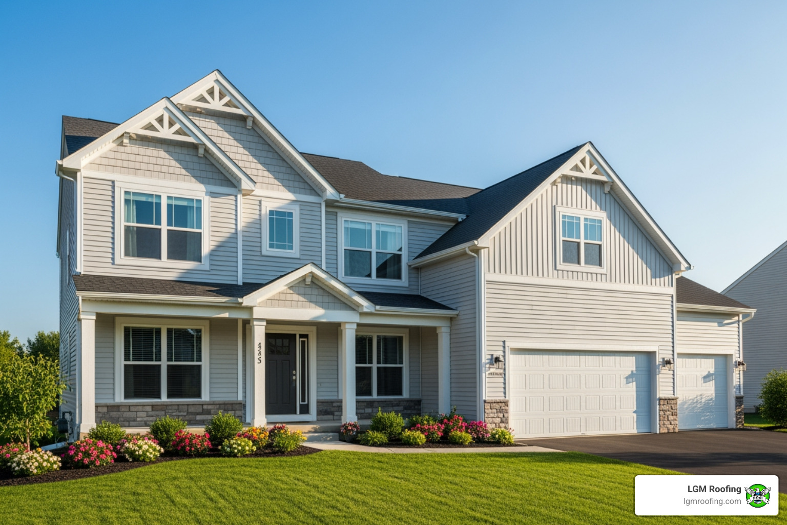 Infographic showing benefits of new siding including increased home value by 75-85% ROI, 30-50 year lifespan for fiber cement and composite materials, improved energy efficiency reducing heating and cooling costs by 5-30%, enhanced weather protection, low maintenance requirements, and variety of styles including clapboard, cedar shake, and board-and-batten - siding contractors montclair nj Modern home with diverse siding, well-maintained landscaping, and LGM Roofing branding, showcasing quality siding installation in Montclair, NJ.