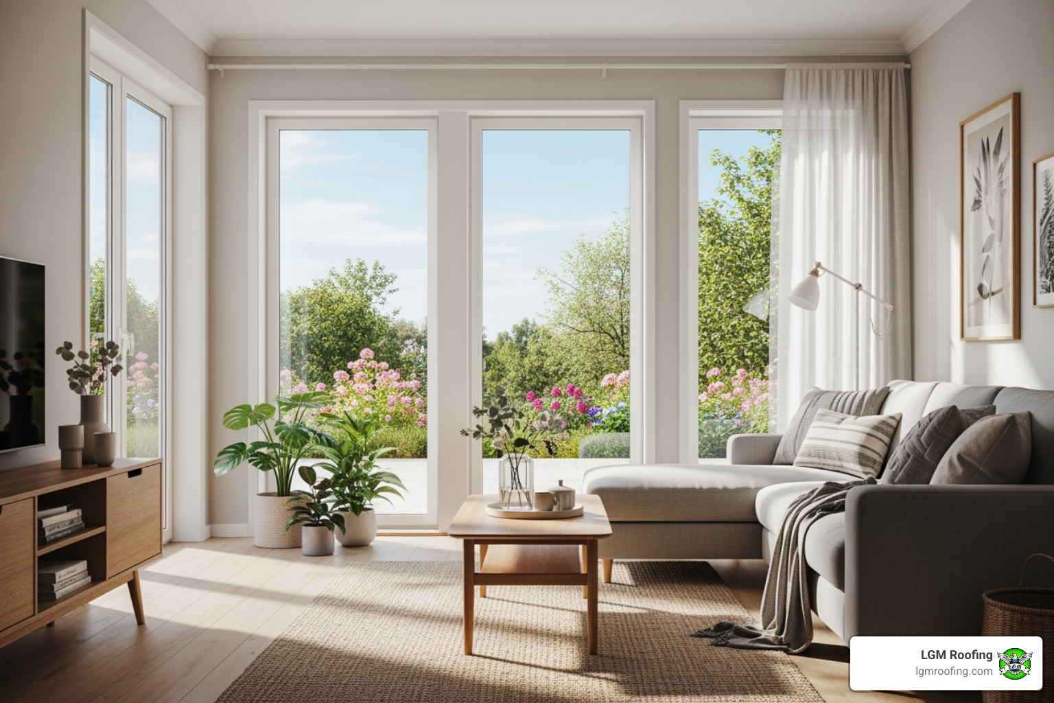 Infographic showing the five main benefits of modern window replacement: reduced energy costs with a thermometer icon, improved home comfort with a cozy living room, increased property value with a house and upward arrow, enhanced security with a lock symbol, and noise reduction with sound waves blocked by a window - window remodeling montclair nj Modern living room with large windows showcasing a vibrant garden, featuring potted plants and stylish furniture, emphasizing the importance of quality window remodeling for energy efficiency and home aesthetics in Montclair, NJ.