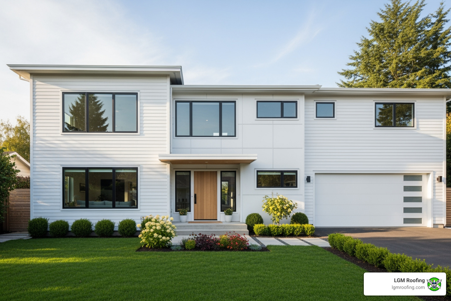 Infographic showing the top 5 benefits of new siding installation: 1) Enhanced curb appeal and home value, 2) Superior weather protection against NJ climate, 3) Improved energy efficiency and lower utility bills, 4) Low maintenance compared to old materials, 5) Long-lasting durability with 20-50 year lifespan depending on material - siding contractors bloomfield nj Modern home exterior featuring white siding and large windows, landscaped yard with green grass and flower beds, showcasing LGM Roofing branding.