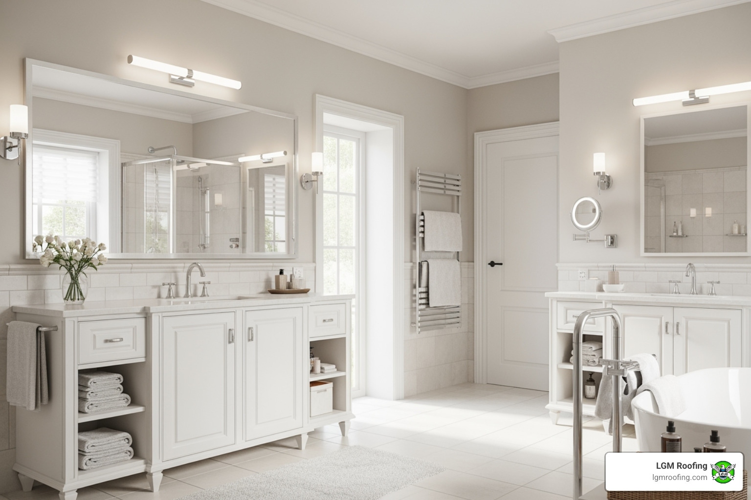 infographic showing benefits of bathroom remodeling including increased home value, improved functionality, enhanced aesthetics, and better energy efficiency with modern fixtures - bathroom remodeling montclair nj Modern bathroom interior featuring white cabinetry, double sinks, large mirrors, and natural light, emphasizing functionality and design for bathroom remodeling in Montclair, NJ.