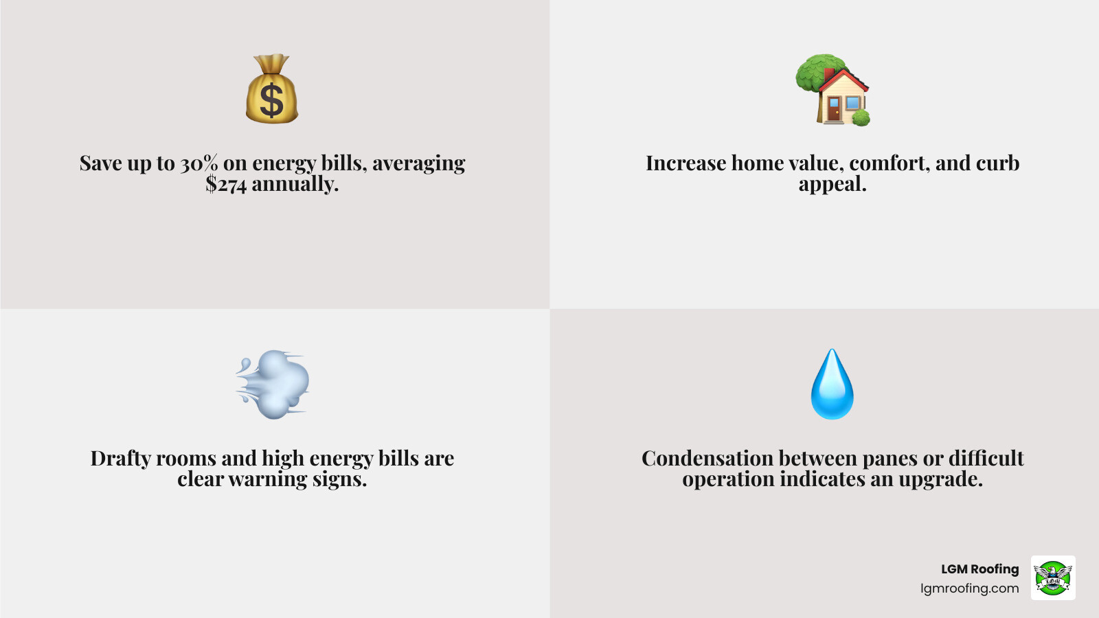 infographic showing benefits of window replacement including 30% energy efficiency improvement, $274 average annual savings, 12% reduction in greenhouse gas emissions, improved home comfort, increased property value, and signs you need replacement like condensation, drafts, difficulty opening, and high energy bills - experienced window remodeling in jersey city, nj infographic 4_facts_emoji_grey infographic showing benefits of window replacement including 30% energy efficiency improvement, $274 average annual savings, 12% reduction in greenhouse gas emissions, improved home comfort, increased property value, and signs you need replacement like condensation, drafts, difficulty opening, and high energy bills - experienced window remodeling in jersey city, nj infographic 4_facts_emoji_grey