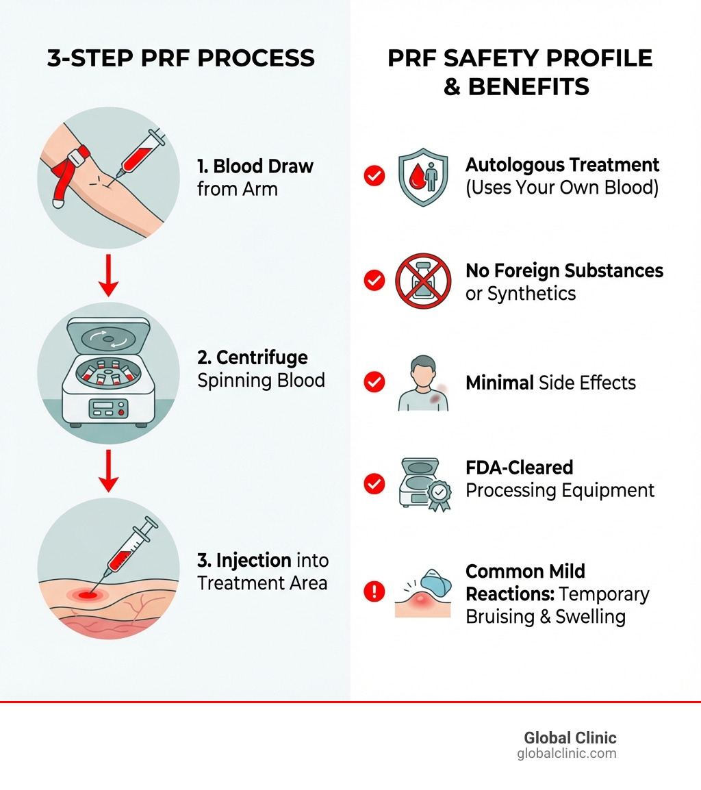 Detailed infographic showing the PRF safety profile: Left side shows a simple 3-step process (Blood Draw from arm, Centrifuge machine spinning blood, Injection into treatment area). Right side lists safety benefits including autologous treatment, no foreign substances, minimal side effects, FDA-cleared equipment, and common mild reactions like temporary bruising and swelling - are prf injections safe infographic 