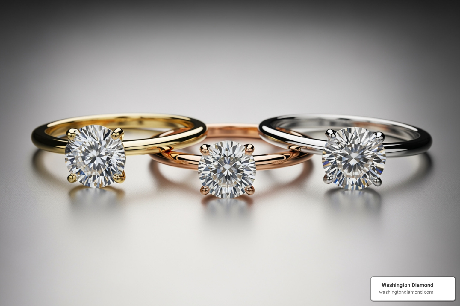 three created white sapphire rings in yellow gold, rose gold, and white gold - created white sapphire engagement ring three created white sapphire rings in yellow gold, rose gold, and white gold - created white sapphire engagement ring