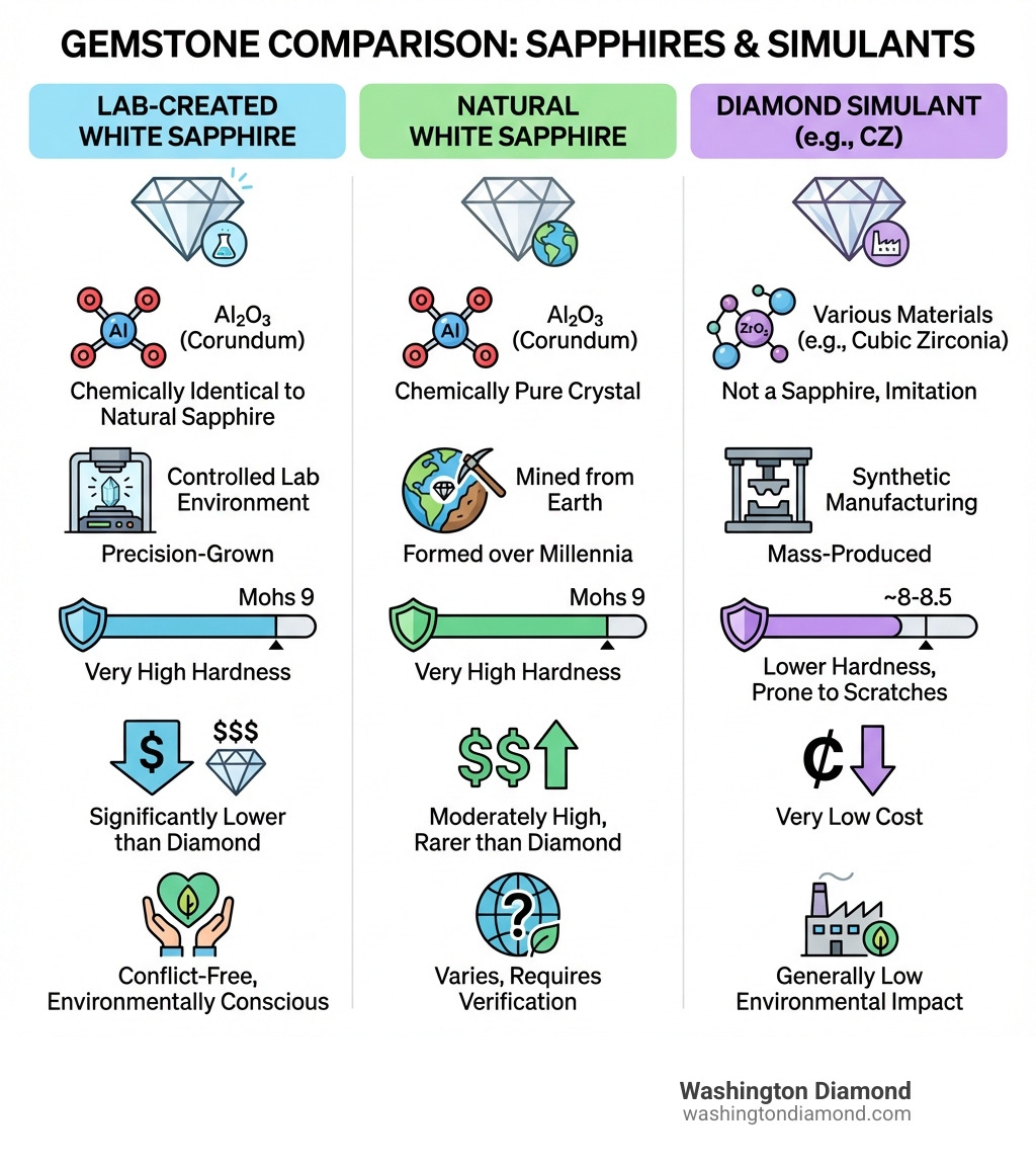 Infographic comparing lab-created white sapphires, natural white sapphires, and diamond simulants, showing chemical composition, creation method, durability rating, cost comparison, and ethical considerations - created white sapphire engagement ring infographic Infographic comparing lab-created white sapphires, natural white sapphires, and diamond simulants, showing chemical composition, creation method, durability rating, cost comparison, and ethical considerations - created white sapphire engagement ring infographic