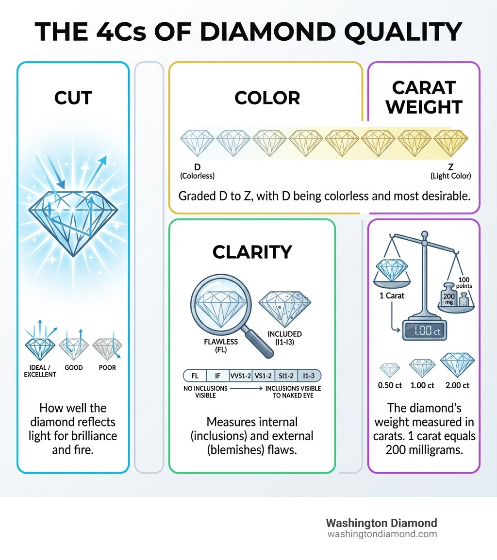 Infographic showing the 4Cs of diamond quality: Cut (how well the diamond reflects light), Color (graded D to Z, with D being colorless), Clarity (graded from Flawless to Included, measuring internal and external flaws), and Carat Weight (the diamond's weight measured in carats, where 1 carat equals 200 milligrams) - certified loose diamonds infographic 