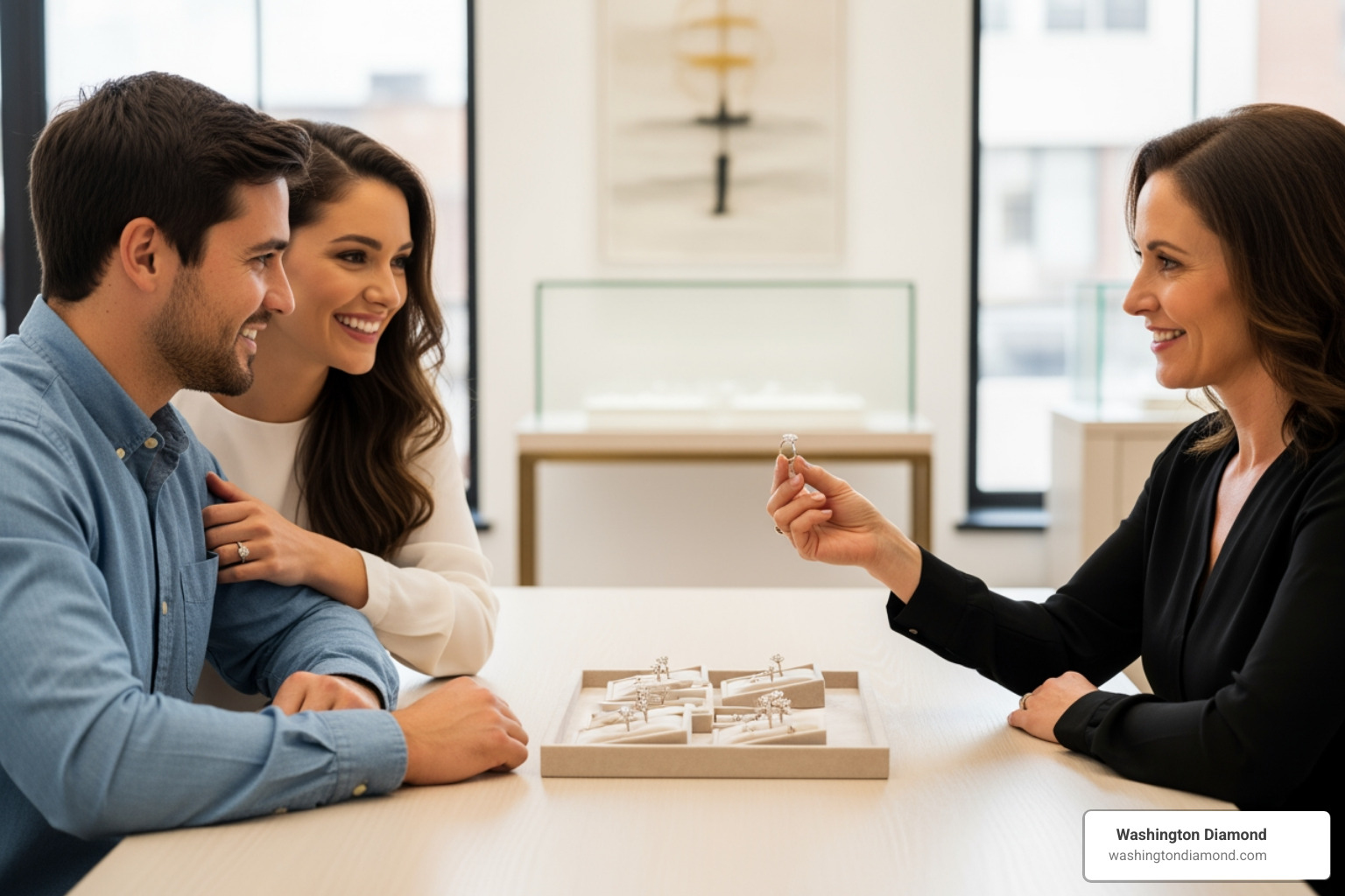 A couple happily viewing engagement rings with a jeweler, in a bright, modern studio setting - best jewelry stores in dc