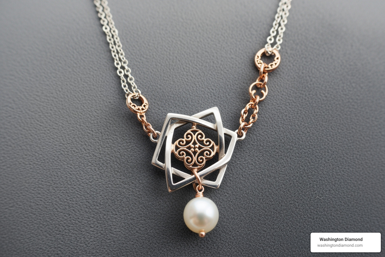 A close-up image of a unique, custom-designed necklace featuring a blend of modern and classic elements - best jewelry stores in dc