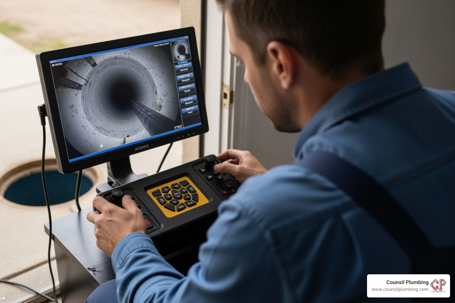 a plumber watching a monitor showing a live feed from a pipe camera - Video pipe inspection