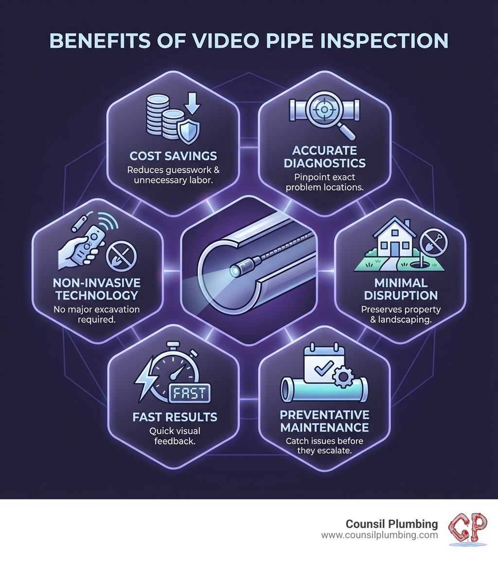 infographic showing benefits of video pipe inspection including cost savings, accurate diagnostics, minimal disruption, preventative maintenance, fast results, and non-invasive technology with icons for each benefit - Video pipe inspection infographic 