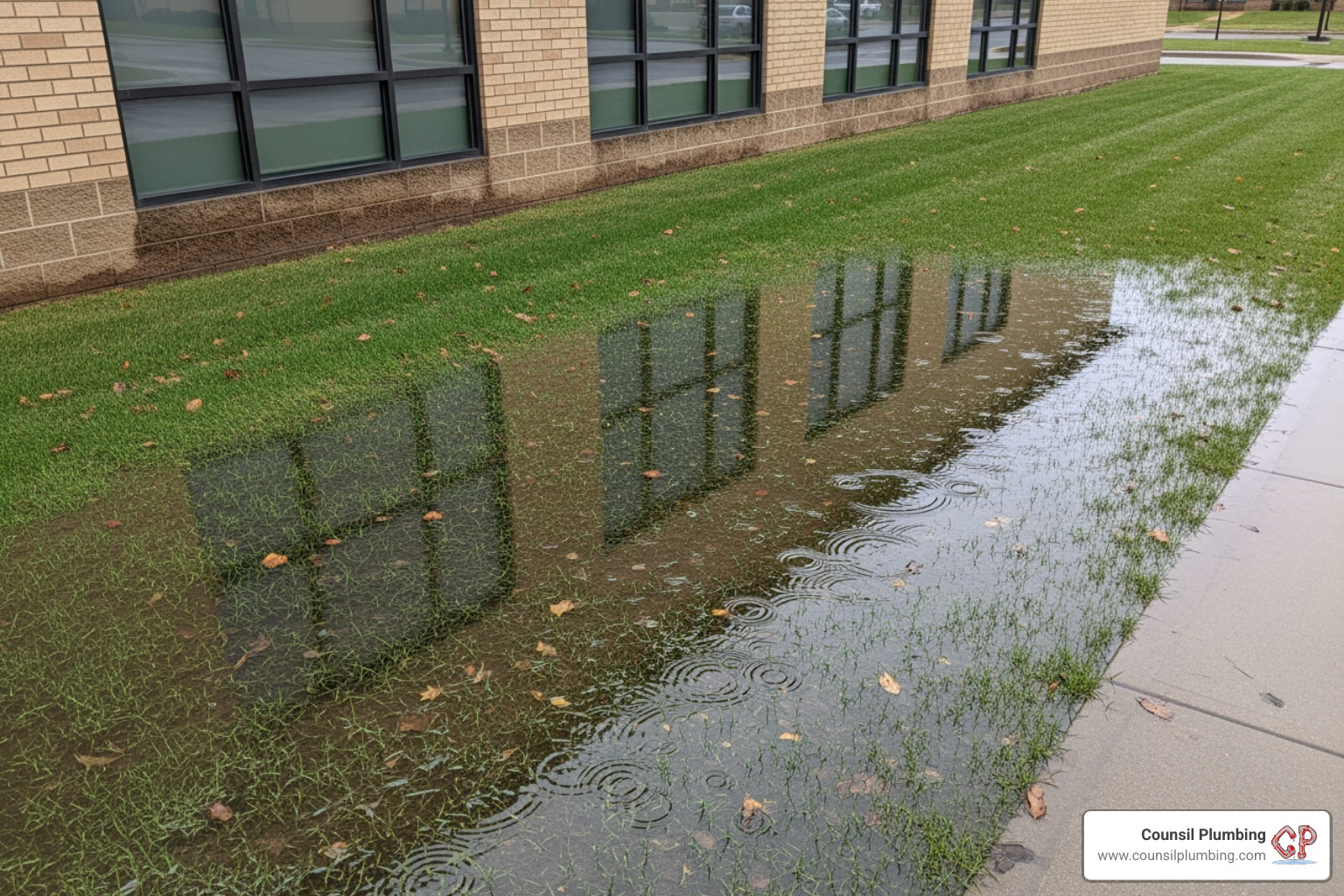 soggy patch of lawn outside a commercial building - Water Line Service