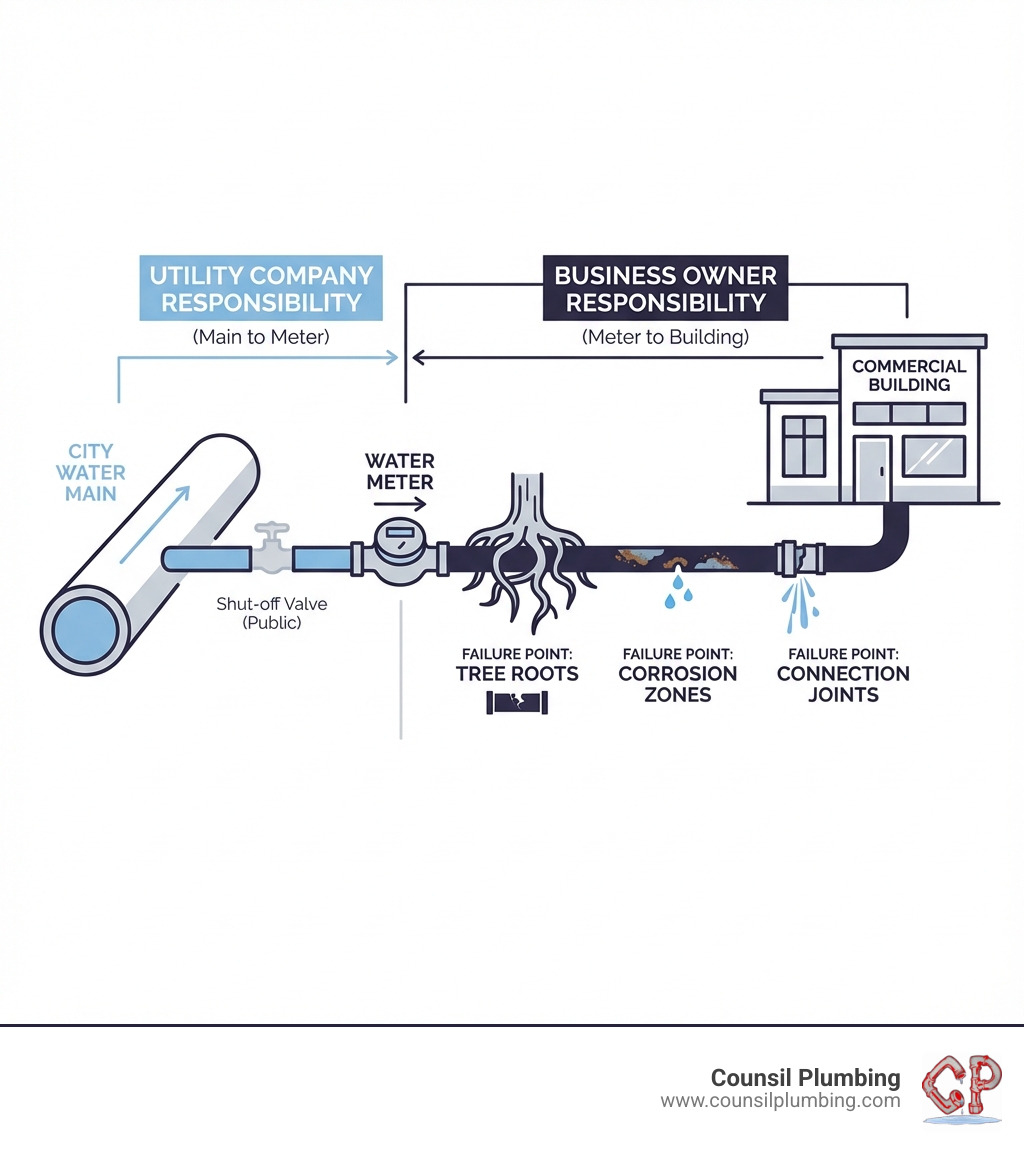 Infographic showing the path of a commercial water service line from the city water main through the meter to the building, with labels indicating utility company responsibility (main to meter) versus business owner responsibility (meter to building), including common failure points like tree roots, corrosion zones, and connection joints - Water Line Service infographic 