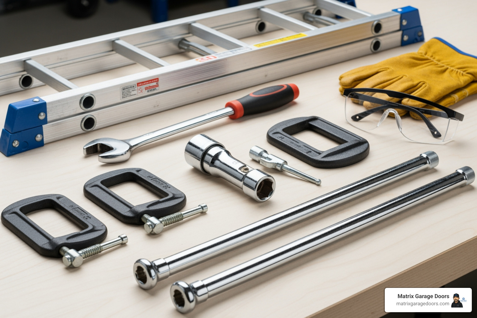 essential tools laid out: winding bars, C-clamps, socket wrench, ladder, safety glasses, gloves - garage spring fix essential tools laid out: winding bars, C-clamps, socket wrench, ladder, safety glasses, gloves - garage spring fix