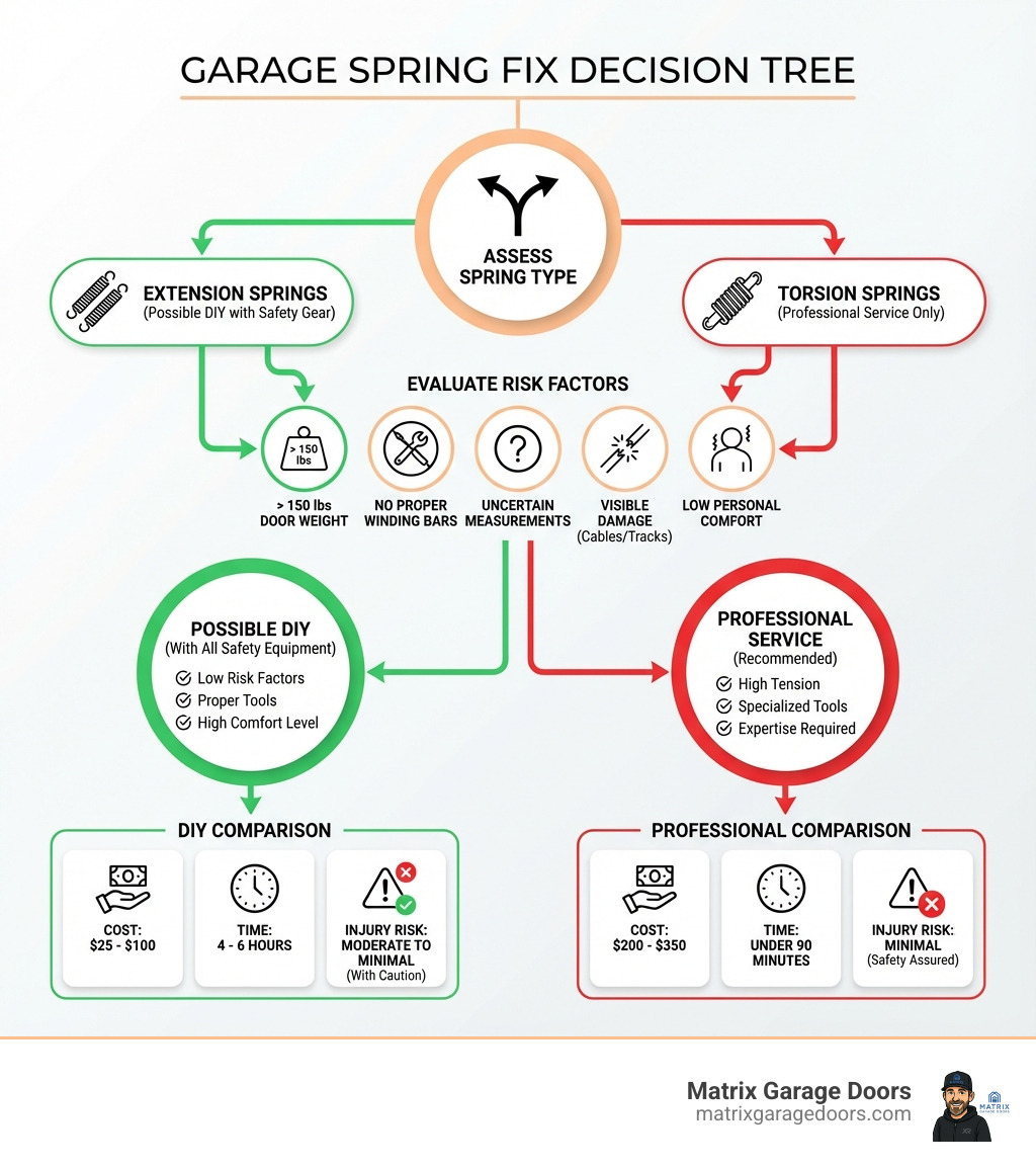 Infographic showing garage spring fix decision tree: First assess spring type (torsion vs extension), then evaluate risk factors including door weight over 150 lbs, lack of proper winding bars, uncertainty about spring measurements, visible additional damage to cables or tracks, and personal comfort level; green path leads to possible DIY for extension springs with all safety equipment, red path leads to professional service for torsion springs or any high-risk scenarios; includes cost comparison of $25-100 DIY versus $200-350 professional, time comparison of 4-6 hours versus under 90 minutes, and injury risk rating from high to minimal - garage spring fix infographic Infographic showing garage spring fix decision tree: First assess spring type (torsion vs extension), then evaluate risk factors including door weight over 150 lbs, lack of proper winding bars, uncertainty about spring measurements, visible additional damage to cables or tracks, and personal comfort level; green path leads to possible DIY for extension springs with all safety equipment, red path leads to professional service for torsion springs or any high-risk scenarios; includes cost comparison of $25-100 DIY versus $200-350 professional, time comparison of 4-6 hours versus under 90 minutes, and injury risk rating from high to minimal - garage spring fix infographic
