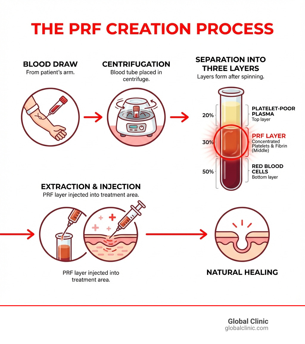 Detailed infographic showing the PRF creation process: blood draw from patient's arm, blood tube placed in centrifuge, separation into three layers (platelet-poor plasma on top, PRF layer in middle with concentrated platelets and fibrin, red blood cells at bottom), extraction of PRF layer, and injection into treatment area - PRF Injections infographic 