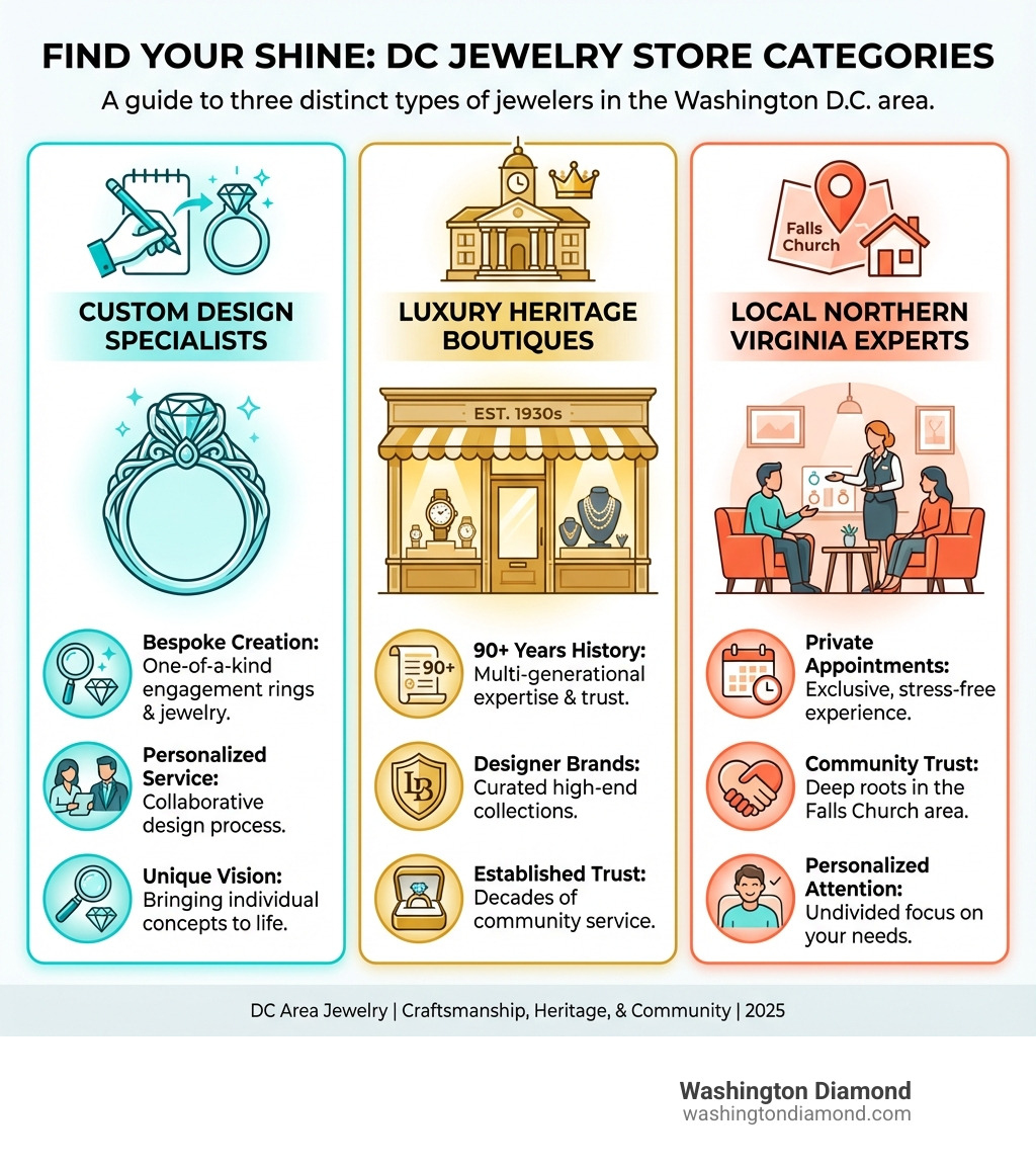 Infographic showing three categories of DC jewelry stores: Custom Design Specialists (featuring bespoke rings and personalized service), Luxury Heritage Boutiques (showing designer brands and multi-generational expertise with 90+ years history), and Local Northern Virginia Experts (highlighting private appointments and community trust in Falls Church area) - dc jewelry infographic 