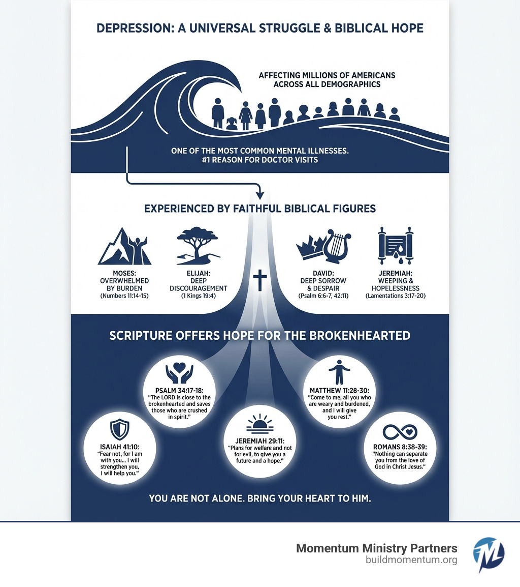 Infographic showing statistics about depression affecting millions of Americans across all demographics, including many faithful Biblical figures like Moses, Elijah, David, and Jeremiah who experienced deep despair, with key Bible verses offering hope for the brokenhearted and crushed in spirit - Scripture for depression infographic 