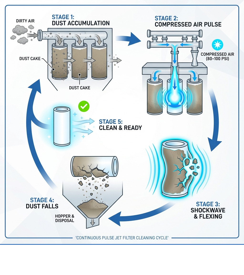 Detailed infographic showing the pulse jet filter cleaning cycle: Stage 1 shows dirty air entering the baghouse and dust accumulating on filter bags; Stage 2 shows compressed air pulse traveling down through blowpipe and venturi; Stage 3 shows filter bag flexing outward from the shockwave; Stage 4 shows dust cake breaking loose and falling into hopper; Stage 5 shows clean filter ready for filtration again with arrows indicating continuous cycle - pulse jet filter cleaning infographic 