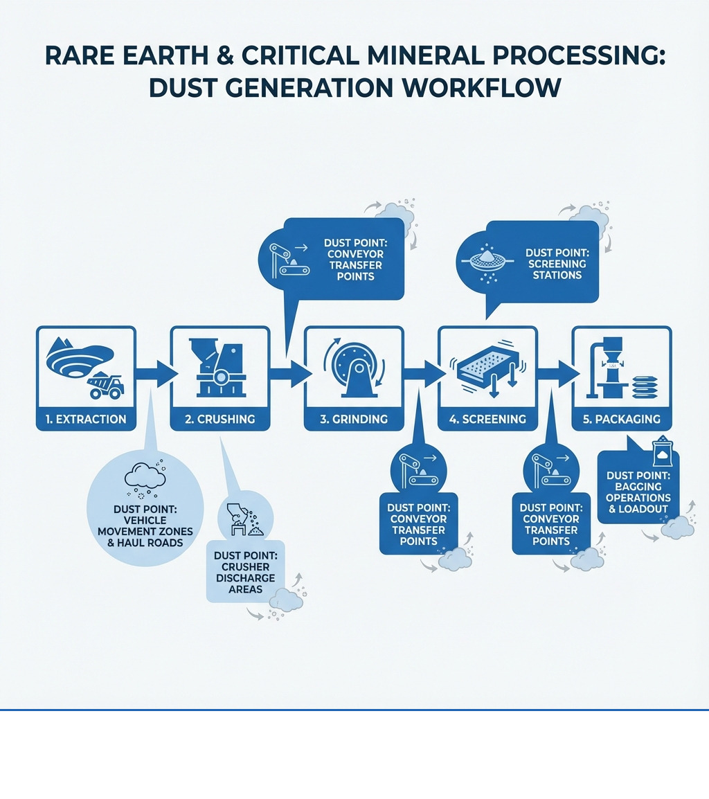 Infographic showing the mineral processing workflow from extraction through crushing, grinding, screening, and packaging stages, with callout boxes indicating major dust generation points at each stage including conveyor transfer points, crusher discharge areas, screening stations, bagging operations, and vehicle movement zones - Rare Earth & Critical Mineral Dust Control infographic Infographic showing the mineral processing workflow from extraction through crushing, grinding, screening, and packaging stages, with callout boxes indicating major dust generation points at each stage including conveyor transfer points, crusher discharge areas, screening stations, bagging operations, and vehicle movement zones - Rare Earth & Critical Mineral Dust Control infographic
