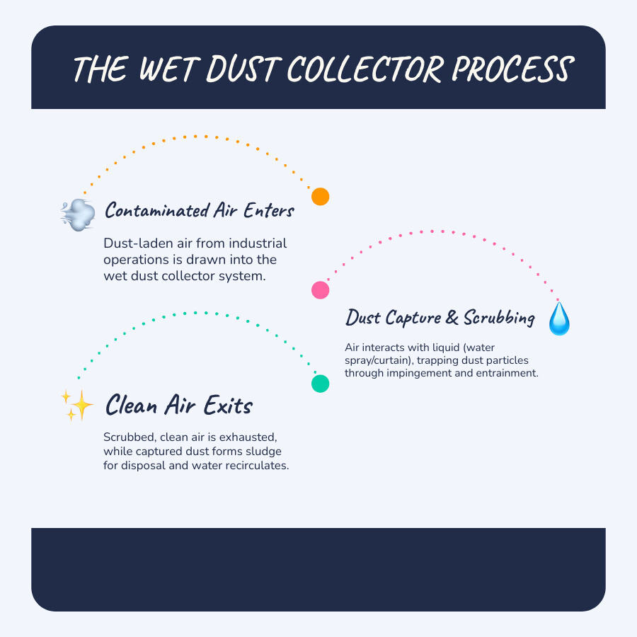 Infographic showing the wet dust collector process: dirty air enters the system, passes through water spray or liquid curtain where dust particles are captured and trapped in water droplets, particulates fall to collection chamber as sludge, and clean air exits through the exhaust while water recirculates through the system - Wet dust collector infographic infographic-line-3-steps-blues-accent_colors Infographic showing the wet dust collector process: dirty air enters the system, passes through water spray or liquid curtain where dust particles are captured and trapped in water droplets, particulates fall to collection chamber as sludge, and clean air exits through the exhaust while water recirculates through the system - Wet dust collector infographic infographic-line-3-steps-blues-accent_colors