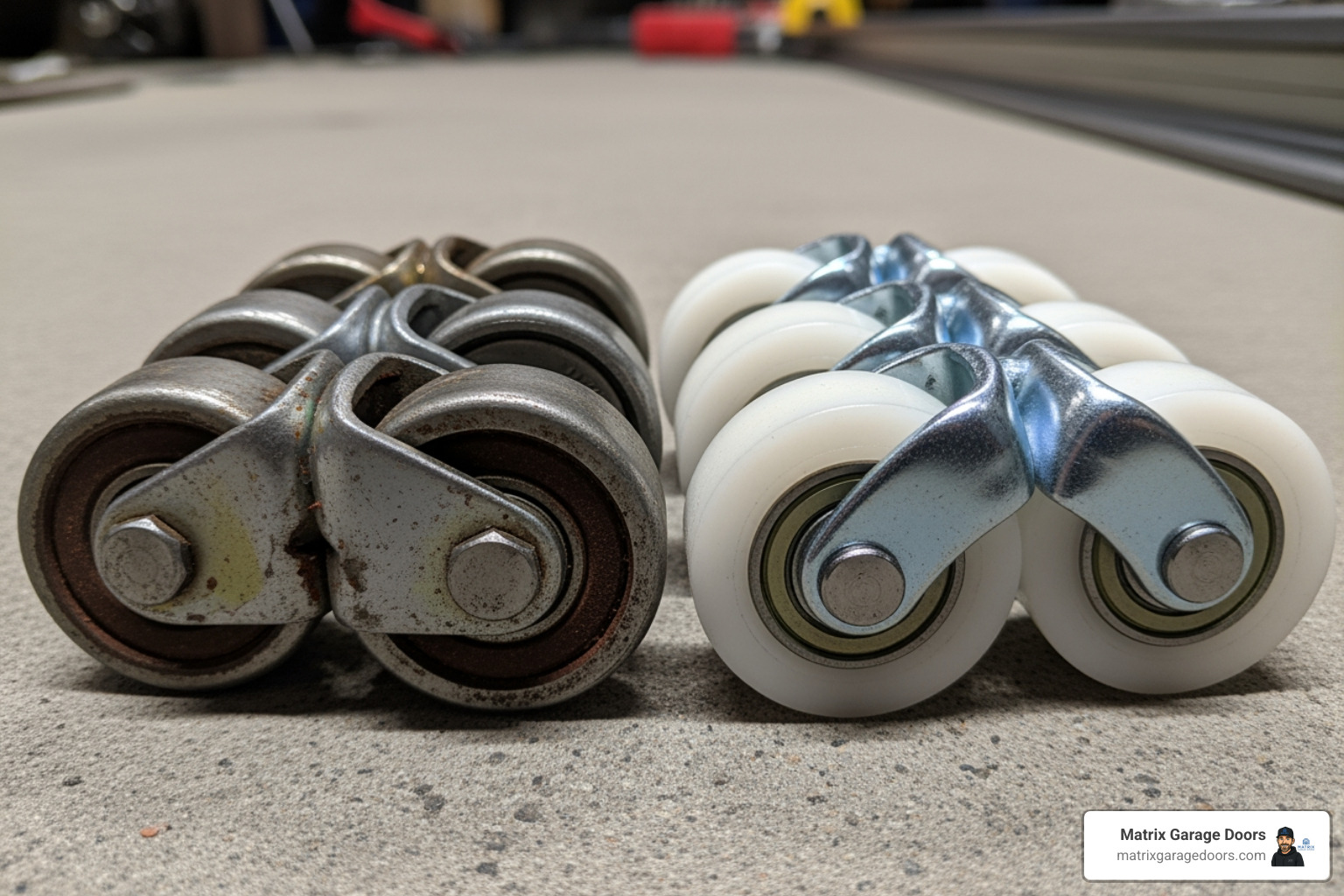 worn metal garage door rollers next to new nylon rollers - Fix noisy garage door worn metal garage door rollers next to new nylon rollers - Fix noisy garage door