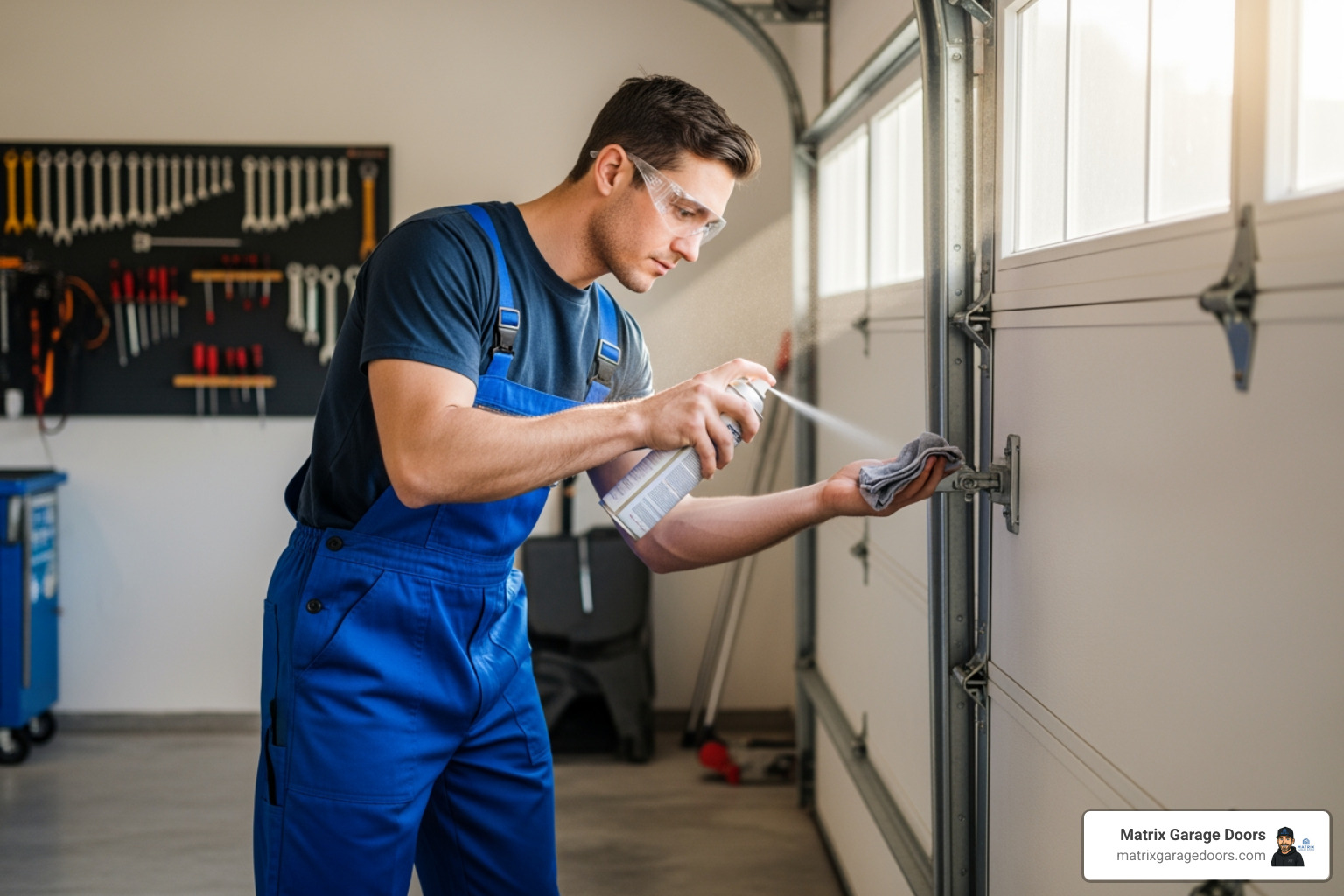 Technician lubricating garage door hinges - garage door lubrication service