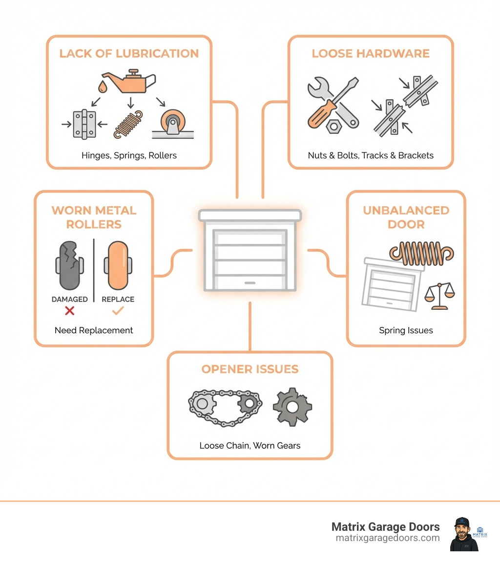 Infographic showing the most common causes of garage door noise: lack of lubrication on hinges, springs, and rollers; loose nuts and bolts on tracks and brackets; worn or damaged metal rollers that need replacement; unbalanced door due to spring issues; and loose opener chain or worn opener gears - Fix noisy garage door infographic Infographic showing the most common causes of garage door noise: lack of lubrication on hinges, springs, and rollers; loose nuts and bolts on tracks and brackets; worn or damaged metal rollers that need replacement; unbalanced door due to spring issues; and loose opener chain or worn opener gears - Fix noisy garage door infographic