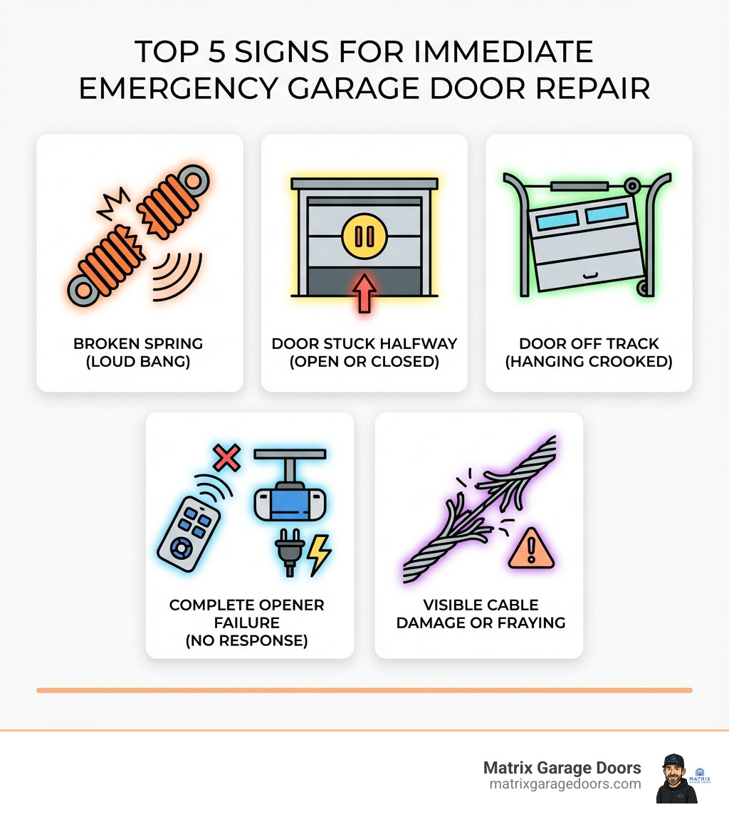 infographic showing the top 5 signs your garage door needs immediate emergency repair: broken spring with loud bang, door stuck halfway open or closed, door off track or hanging crooked, complete opener failure with no response, and visible cable damage or fraying - 24 hour garage service infographic infographic showing the top 5 signs your garage door needs immediate emergency repair: broken spring with loud bang, door stuck halfway open or closed, door off track or hanging crooked, complete opener failure with no response, and visible cable damage or fraying - 24 hour garage service infographic