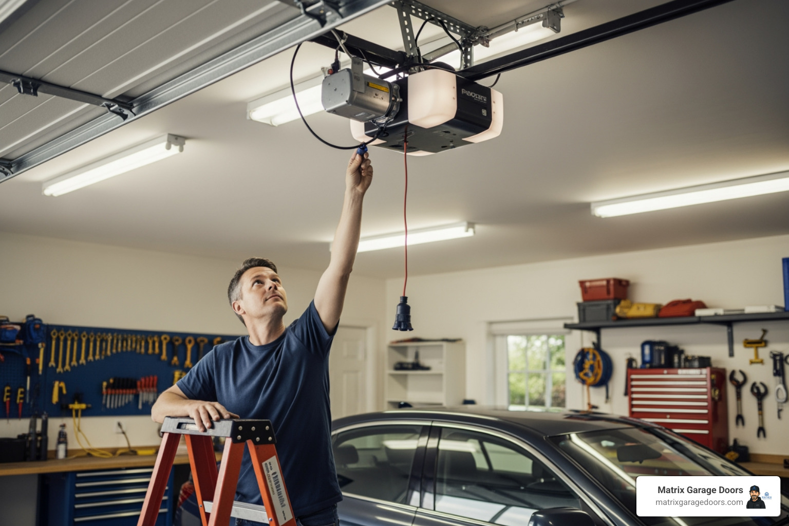 A person checking the power cord connection of a garage door opener near the ceiling - garage door stuck closed A person checking the power cord connection of a garage door opener near the ceiling - garage door stuck closed