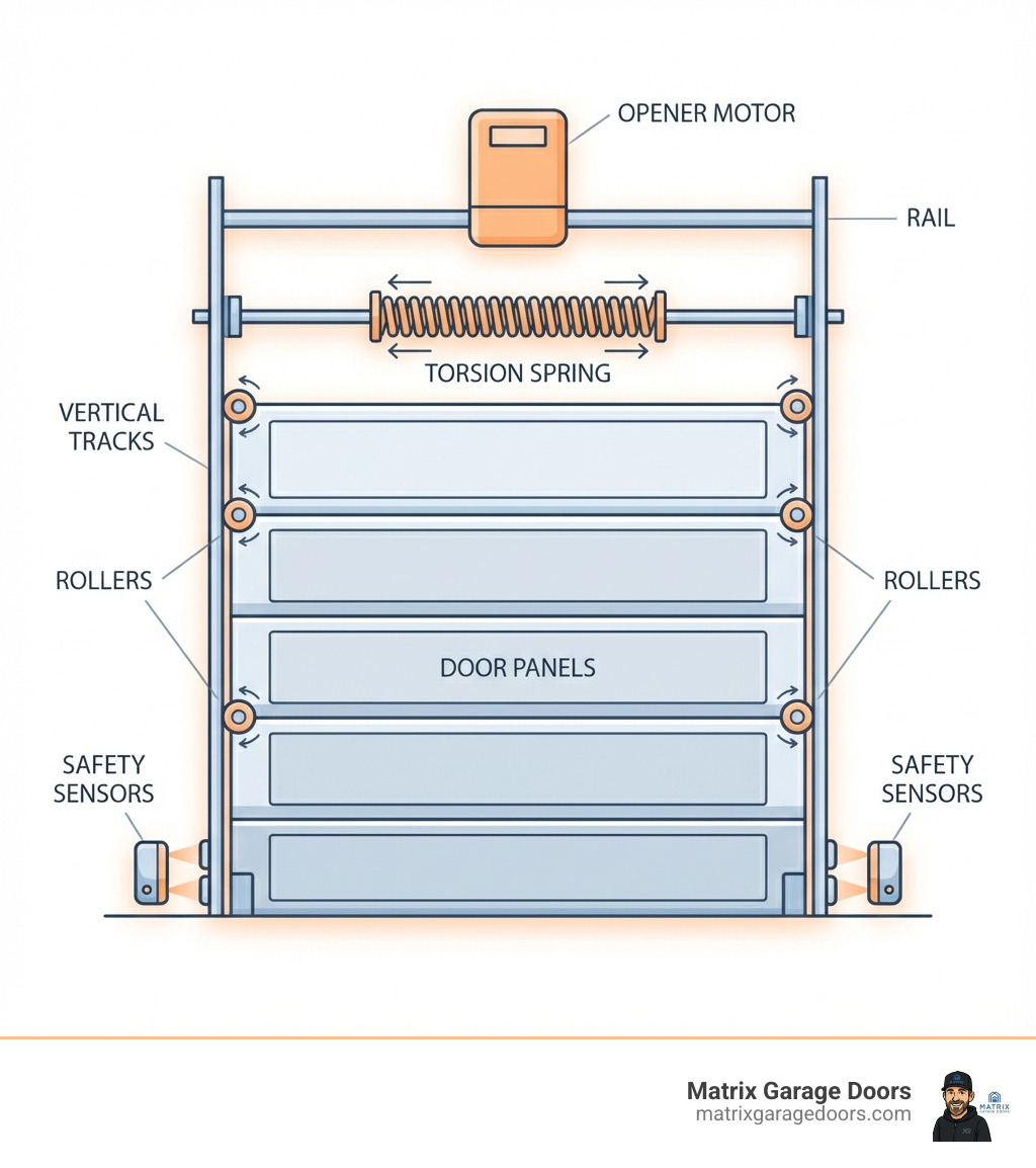 Detailed diagram showing the main components of a garage door system including the opener motor and rail at the top, torsion spring above the door, vertical tracks on each side with rollers, safety sensors at the bottom, and the door panels in the center, with clear labels for each component - garage door stuck closed infographic Detailed diagram showing the main components of a garage door system including the opener motor and rail at the top, torsion spring above the door, vertical tracks on each side with rollers, safety sensors at the bottom, and the door panels in the center, with clear labels for each component - garage door stuck closed infographic