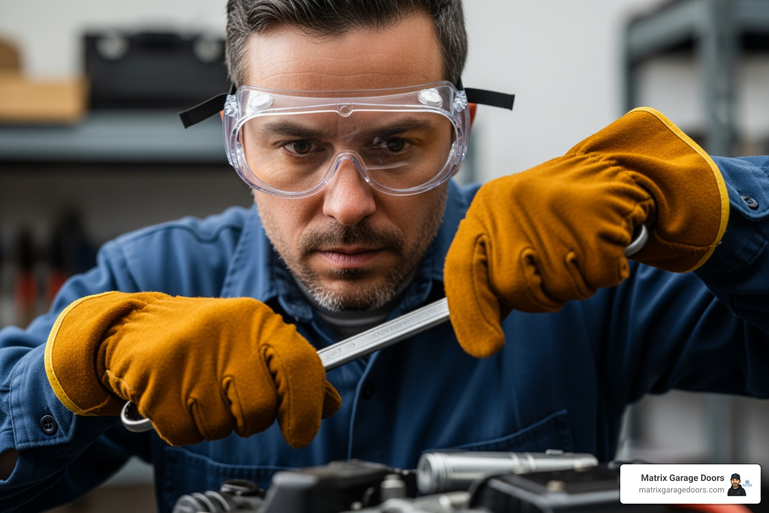 person wearing safety goggles and leather gloves before starting work - fix garage door spring cable person wearing safety goggles and leather gloves before starting work - fix garage door spring cable