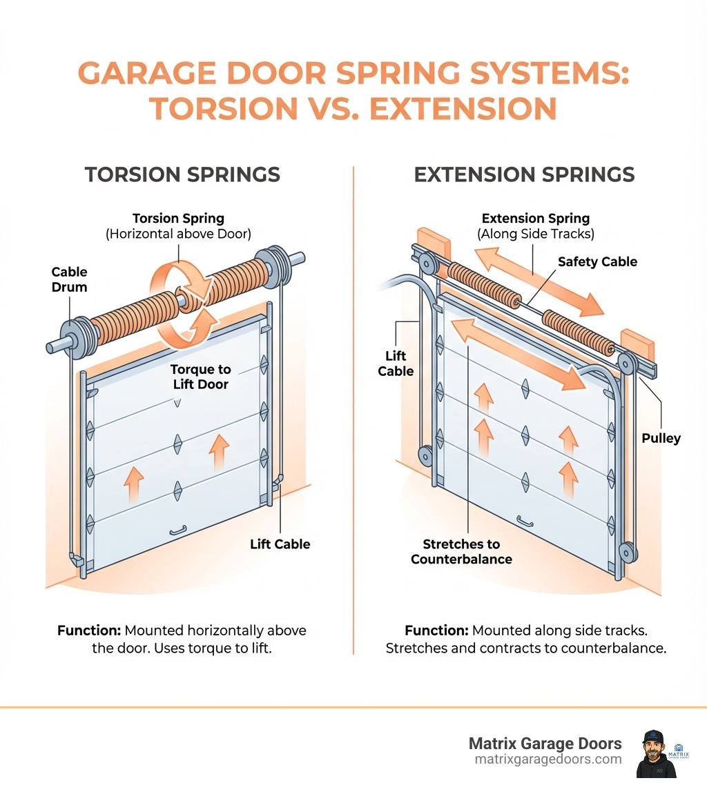 Infographic showing the location and function of torsion springs (mounted horizontally above the door on a shaft, using torque to lift) versus extension springs (mounted along the side tracks, stretching and contracting to counterbalance the door weight), with labeled diagrams of each system and arrows indicating direction of force - Replace garage door spring infographic 