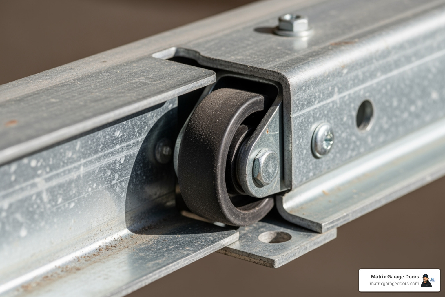 Close-up of a garage door track with a visible gap between the roller and the track - garage door off track Close-up of a garage door track with a visible gap between the roller and the track - garage door off track